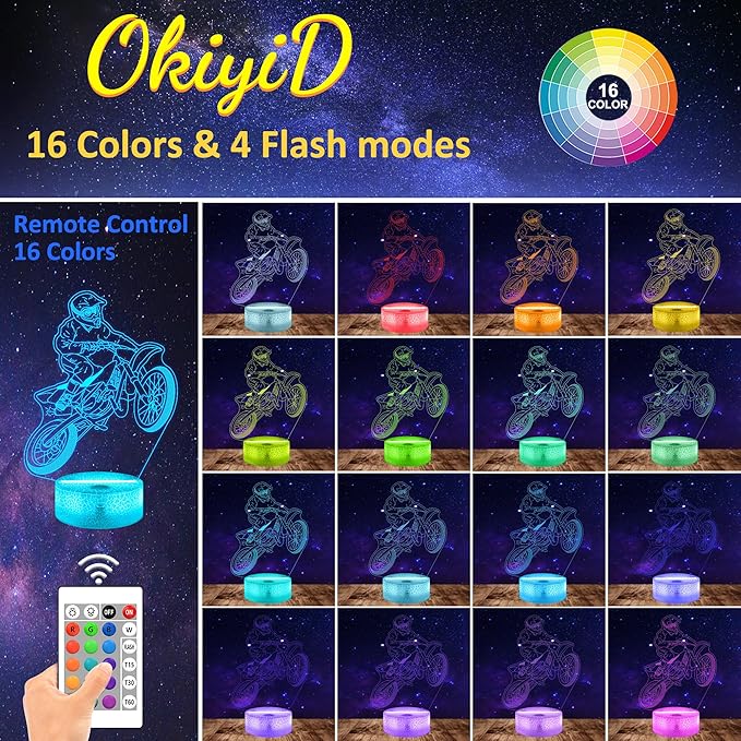 Dirt Bike Night Light, Dirt Bike Gift, 3D Illusion Lamp, 3D Dirt Bike Night Light with Remote and Touch Control, Dirt Bike Decor for Kids Room, Girls Birthday Gifts - LeafyLoom