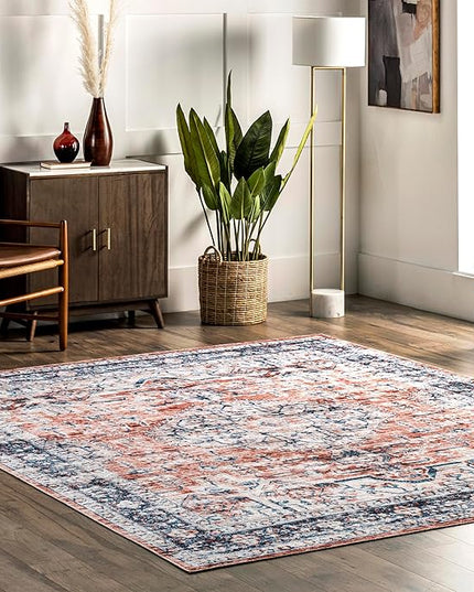 nuLOOM Rina Faded Persian Machine Washable Ultra Thin Area Rug, 5' x 8', Rust - LeafyLoom