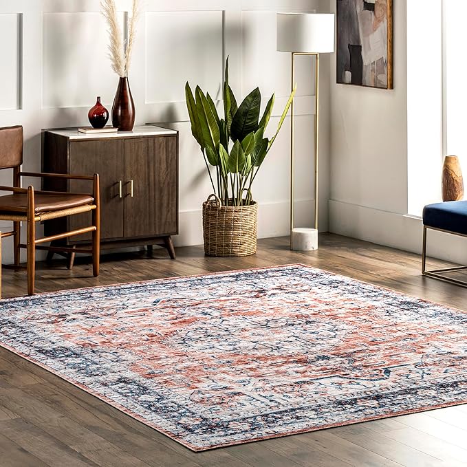nuLOOM Rina Faded Persian Machine Washable Ultra Thin Area Rug, 5' x 8', Rust - LeafyLoom
