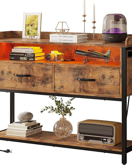 IRONCK Entryway Table with Power Outlet and LED Light, Console Table with 2 Fabric Drawers and Storage Shelves for Entryway, Living Room, Hallway, Vintage Brown - LeafyLoom