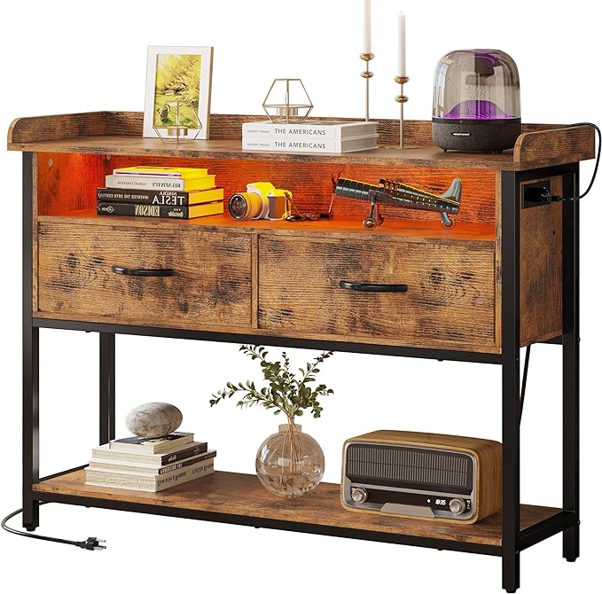 IRONCK Entryway Table with Power Outlet and LED Light, Console Table with 2 Fabric Drawers and Storage Shelves for Entryway, Living Room, Hallway, Vintage Brown - LeafyLoom