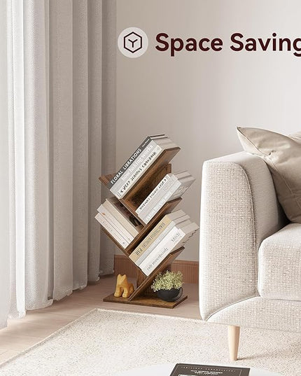 SUNMORY 4 Tier Tree Bookshelf, Small Bookcase, Modern Narrow Bookshelves Organizer, Floor Standing Book Shelf for Bedroom/Living Room/Home Office/Corner, Brown - LeafyLoom