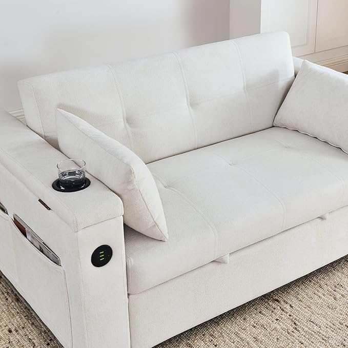 4 in 1 Multifunctional Convertible Loveseat Sleeper Sofa Bed,Soft Chenille Tufted Love Seats Sofabed W/Pull Out Sleep Couch,Armrests Storage,Cupholders,USB Ports,Pillows and Side Pockets - LeafyLoom