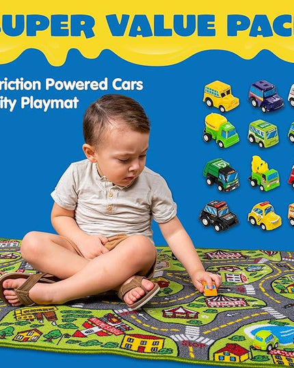 JOYIN Kids Play Rugs - 12 Pull-Back Vehicle Set - Durable Carpet Playmat Rug - City Pretend Play - Toddler Car Track Rug - LeafyLoom