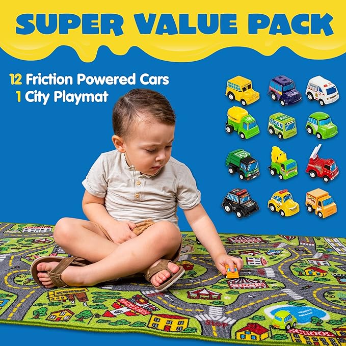 JOYIN Kids Play Rugs - 12 Pull-Back Vehicle Set - Durable Carpet Playmat Rug - City Pretend Play - Toddler Car Track Rug - LeafyLoom