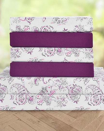 Elegant Comfort Softest and Coziest 6-Piece Sheet Set - 1500 Premium Hotel Quality Microfiber - Deep Pocket, Wrinkle Resistant 6-Piece Paisley Pattern Bed Sheet Set, Queen, Paisley Purple - LeafyLoom