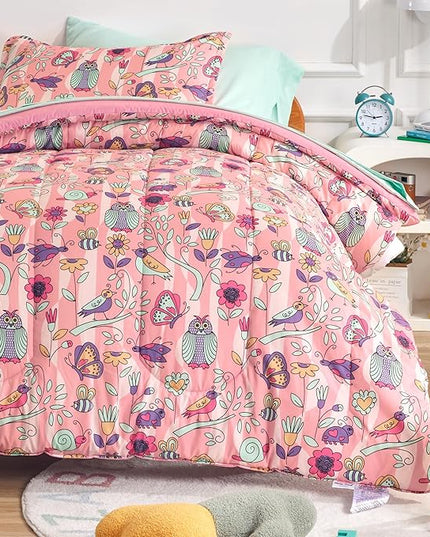 SLEEP ZONE Comforter Set Bed in A Bag, 7 Pieces Girls, Cattoon Pattern for Kids, Toddlers, Teens, Ultra Soft and Washable (Garden Secret,Full/Queen) - LeafyLoom