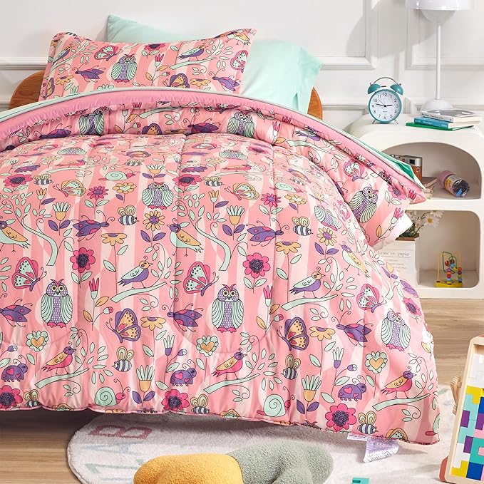 SLEEP ZONE Comforter Set Bed in A Bag, 7 Pieces Girls, Cattoon Pattern for Kids, Toddlers, Teens, Ultra Soft and Washable (Garden Secret,Full/Queen) - LeafyLoom