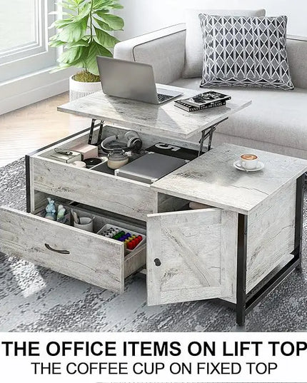 FABATO 41.7" Lift Top Coffee Table with Storage Drawer& Hidden Compartment Barn Door Cabinet Center Console Table for Living Room Farmhouse Industrial Wood (Gray) - LeafyLoom