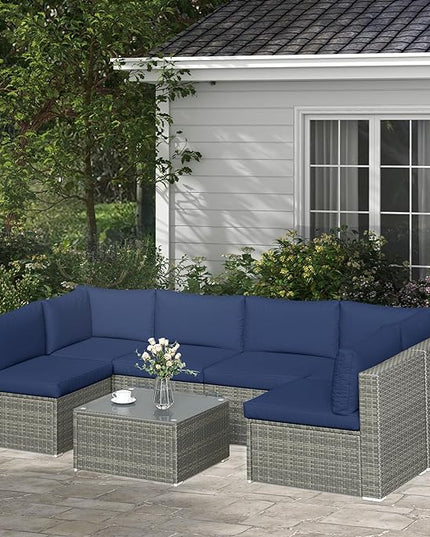 SUNVIVI OUTDOOR 7 Piece Patio Furniture Sets All Weather Gery PE Wicker Couch Sofa with Glass Table, Removable Navy Cushions - LeafyLoom
