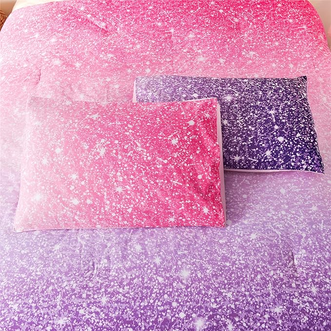 Holawakaka Kids Space Star Glitter Comforter Set Ombre Red & Purple Print Gradient Bedding Set Full Size (Red purple, Full) - LeafyLoom
