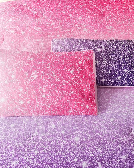 Holawakaka Kids Space Star Glitter Comforter Set Ombre Pink Purple Print Ombre Bedding Set Twin/Twin XL Size Girls Gradient Galaxy Dorm Bed Sets (Pink Purple,Twin) - LeafyLoom