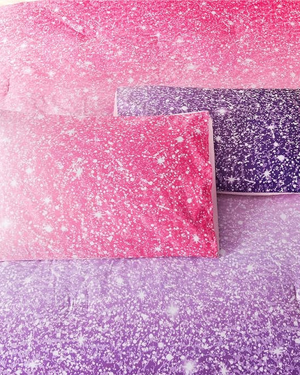 Holawakaka Kids Space Star Glitter Comforter Set Ombre Pink Purple Print Gradient Bedding Set Queen Size (Pink Purple, Queen)…… - LeafyLoom