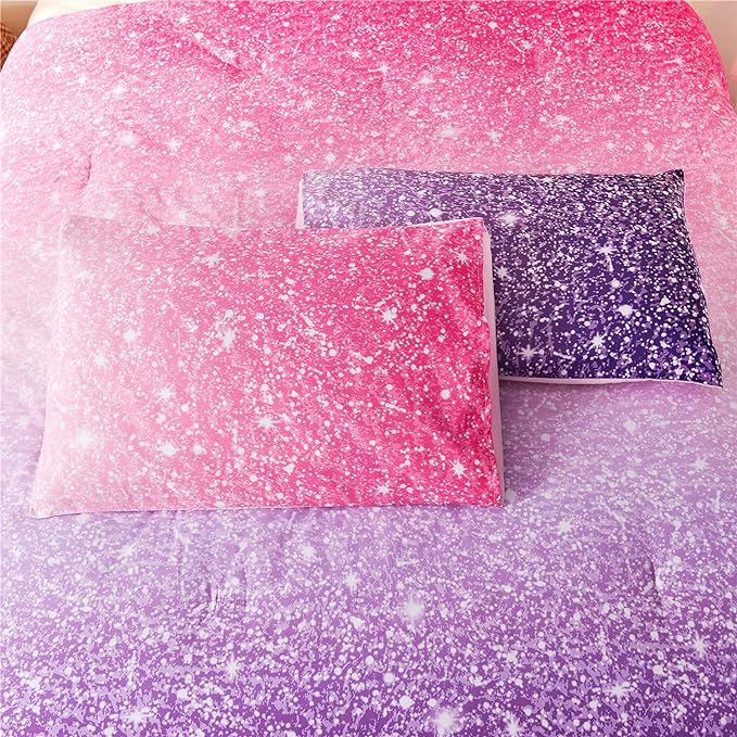Holawakaka Kids Space Star Glitter Comforter Set Ombre Pink Purple Print Gradient Bedding Set Queen Size (Pink Purple, Queen)…… - LeafyLoom