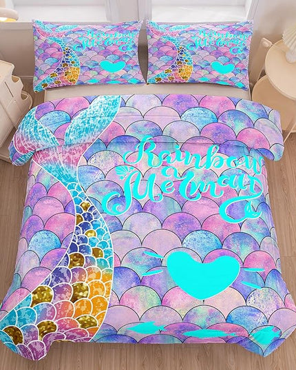 NINENINE Blue and Purple Mermaid Tail Comforter Sets for Girls,Full Size Rainbow Princess Bedding,Girly Glitter Comforter Sets,Sparkly Fish Scales Bedding Sets with 1 Comforter 2Pillowcases - LeafyLoom