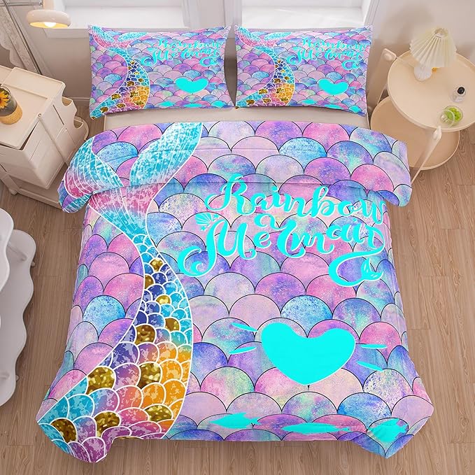 NINENINE Rainbow Mermaid Bedding Twin Princess Comforter Sets for Teens Girls,Blue and Purple Glitter Bedding Sets,Sparkly Fish Scales Comforter Sets with 1 Comforter 1Pillowcase - LeafyLoom