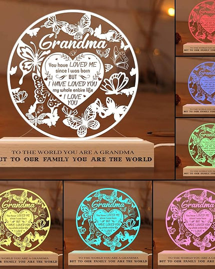 Grandma Gifts from Grandchildren, to My Grandma Night Light, Mothers Day Birthday Christmas Butterfly Gifts for Grandmother, Lamp with Wooden Base for Women, Gifts Bedroom Décor - LeafyLoom