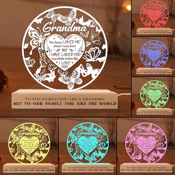 Grandma Gifts from Grandchildren, to My Grandma Night Light, Mothers Day Birthday Christmas Butterfly Gifts for Grandmother, Lamp with Wooden Base for Women, Gifts Bedroom Décor - LeafyLoom