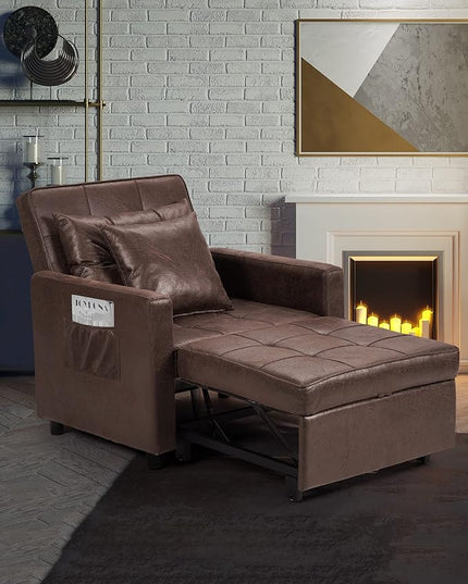 XSPRACER [UPDATED] Convertible Chair Bed, Sleeper Chair Bed 3 in 1, Stepless Adjustable Backrest,Armchair, Sofa, Bed, PU Imitation, Brown, Single One - LeafyLoom