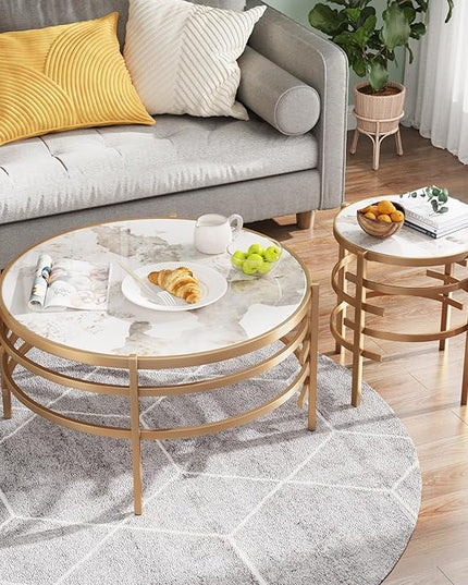 Round Coffee Table Coffee Tables for Living Room Sintered Stone Marble Top Sturdy Metal Frame (Golden, 20.67 inches) - LeafyLoom