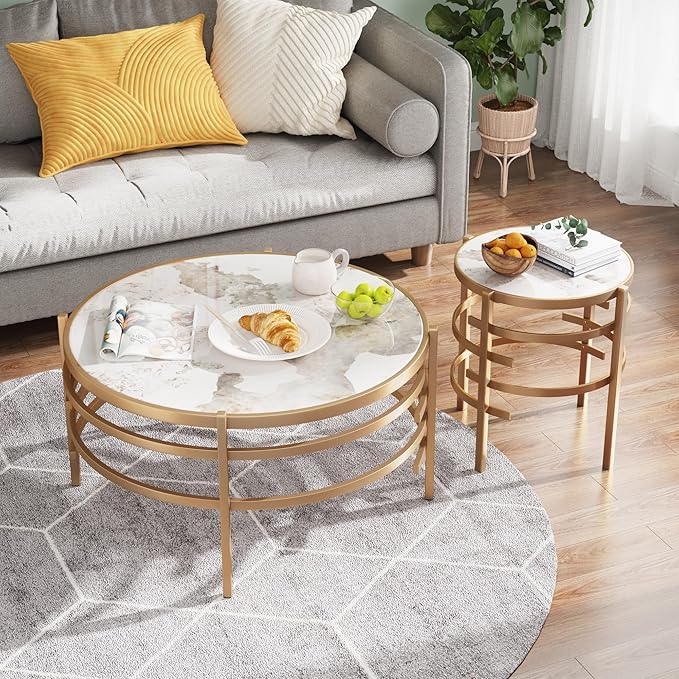 Round Coffee Table Coffee Tables for Living Room Sintered Stone Marble Top Sturdy Metal Frame (Golden, 20.67 inches) - LeafyLoom