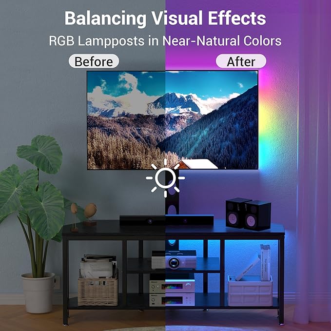 Corner TV Stand LED, Universal TV Mount Stand for 32-60" TV, Height Adjustable Swivel TV Console Wood & Steel Entertainment Center with Mount, Cabinet, Power Outlet, Colorful LED Light, Black - LeafyLoom