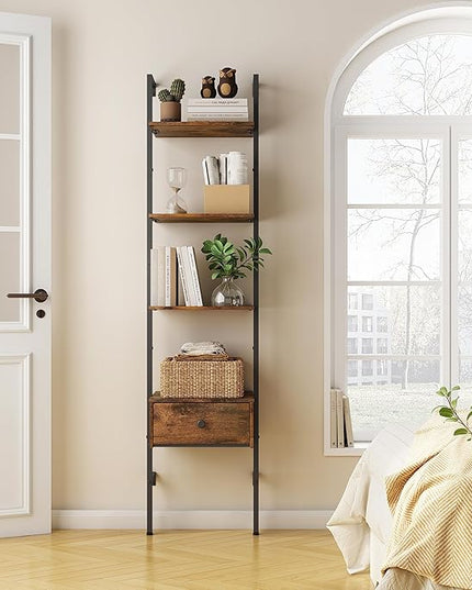 Tajsoon Ladder Shelf, Tall Bookcase with Storage Drawers, 4-Tier Wood Wall Mounted Bookshelf, Open Display Rack, Storage Shelves for Bedroom, Home Office, Collection, Plant Flower, Rustic Brown - LeafyLoom