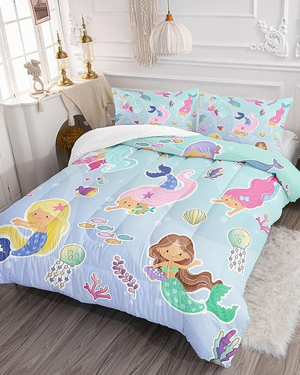 Datura home Girls Mermaid Comforter Set for Girls Women,Kawaii Mermaid Girls Play with Fish Printed Pattern Blue Kawaii Bedding Set with 2 Pillowcases(Girls Twin) - LeafyLoom