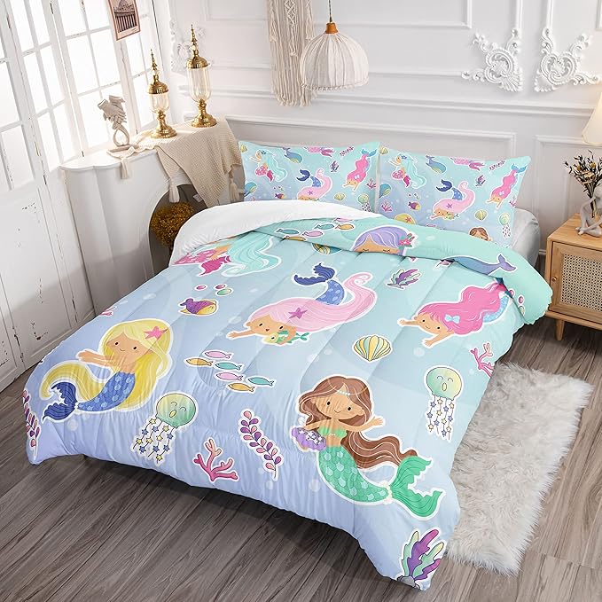 Datura home Mermaid Comforter Set, Kawaii Girls Blue Bedding with 2 Pillowcases, Queen 90x90inches - LeafyLoom