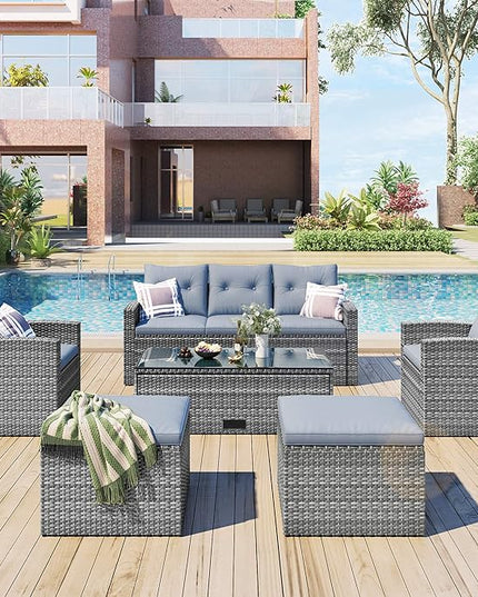 Merax Furniture 6-Piece All-Weather PE Rattan Patio Outdoor Conversation Set with Coffee Table,Wicker Sofas,Ottomans,Removable Cushions,Grey - LeafyLoom