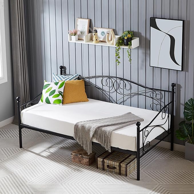 VECELO Daybed Frame Twin Size，Metal Steel Slat Support/Strong Legs with Headboard for Bedroom Living/Guest Room, Easy Assembly, Black - LeafyLoom