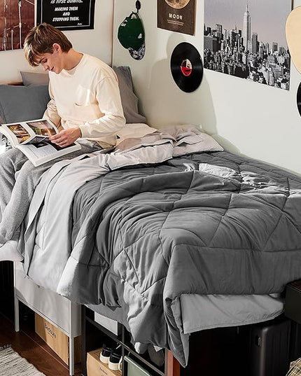 Bedsure Twin Comforter Set - 5 Pieces Reversible Twin Bed Set, Grey Extra Long Twin Bed in a Bag with Comforters, Sheets, Pillowcase & Sham, Bedding Set Twin for College - LeafyLoom