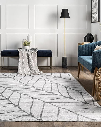 nuLOOM Lanette Abstract Leaves Machine Washable Ultra Thin Area Rug, 3' x 5', Light Grey - LeafyLoom