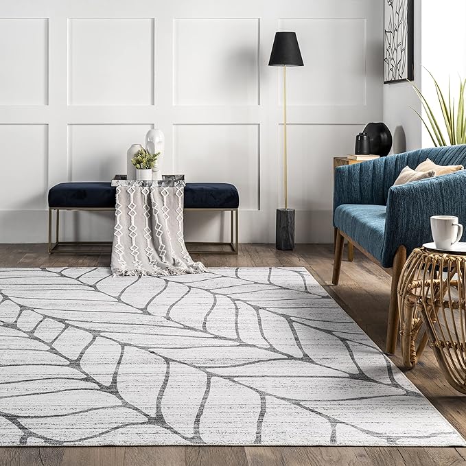 nuLOOM Lanette Abstract Leaves Machine Washable Ultra Thin Area Rug, 3' x 5', Light Grey - LeafyLoom