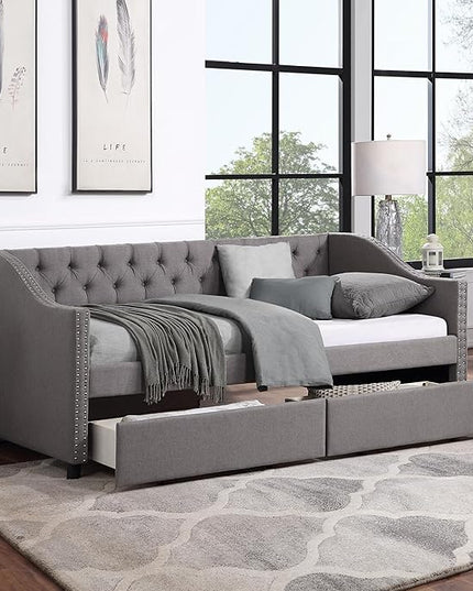 Twin Size Upholstered Daybed with Two Storage Drawers, Tufted Sofa Bed w/Nailhead Trim and Wood Slat Support, for Bedroom, Living Room, Guest Room, Gray - LeafyLoom