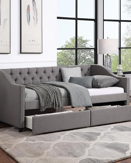 Twin Size Upholstered Daybed with Two Storage Drawers, Tufted Bed w/Nailhead Trim and Wood Slat Support, for Bedroom, Living Room, Guest Room - LeafyLoom