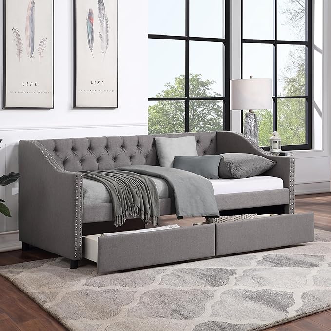 Twin Size Upholstered Daybed with Two Storage Drawers, Tufted Bed w/Nailhead Trim and Wood Slat Support, for Bedroom, Living Room, Guest Room - LeafyLoom