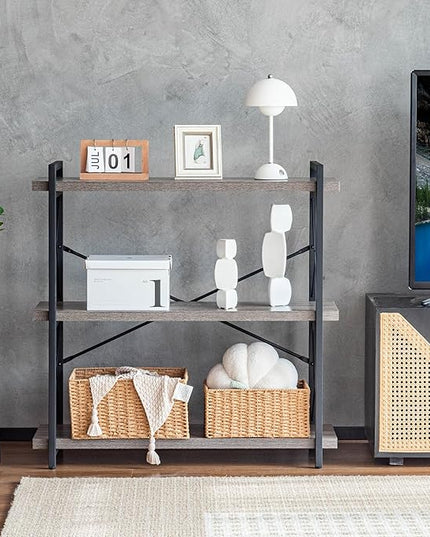 HCHQHS Bookshelf, 3-Tier Industrial Bookcase, Rustic Open Book Shelf, Freestanding Horizontal Bookshelves with Metal Frame - LeafyLoom