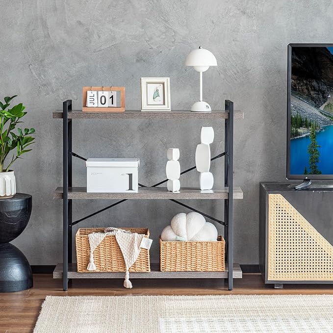 HCHQHS Bookshelf, 3-Tier Industrial Bookcase, Rustic Open Book Shelf, Freestanding Horizontal Bookshelves with Metal Frame - LeafyLoom