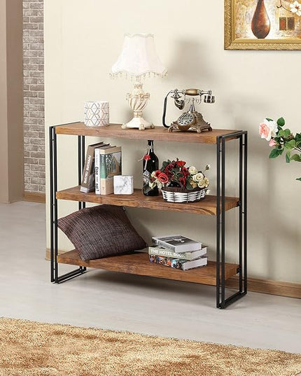 3 Tier Bookshelf Rustic Industrial Bookshelf Wood and Metal, Brown - LeafyLoom