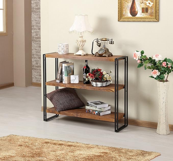 3 Tier Bookshelf Rustic Industrial Bookshelf Wood and Metal, Brown - LeafyLoom