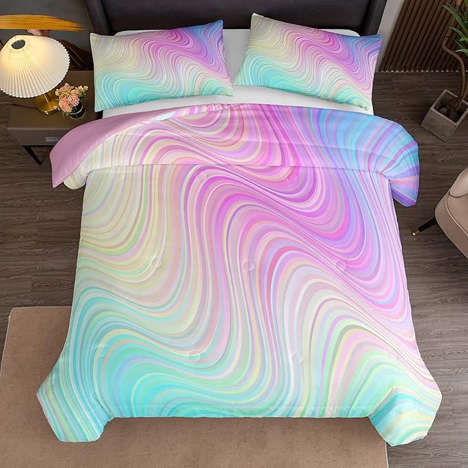 Bodhi Girls Comforter Full Size Colorful Tie Dye Comforter Teen Girl Pink Bedding Set Watercolor Pastel Pink Comforter Set Blue Purple Bedding Set Bright Girly Tie Dye Bedding - LeafyLoom