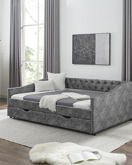 Full Size Upholstered Daybed with Two Storage Trundle Drawers, Wooden Sofa Bed w/Button Tufted Backrest and Waved Shape Arms, No Box Spring Needed, for Living Room, Bedroom, Dorm, Grey - LeafyLoom