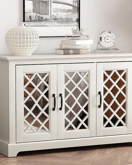 Galano Millicent 3 Door Sideboard with Acrylic Mirrors, Kitchen Buffet Cabinet, Farmhouse Coffee Bar Display Cabinet for Home Kitchen, Living Room, Dining Room and Hallway, Ivory - LeafyLoom