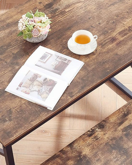 VECELO Kitchen Table with 2 Benches for 4, 43.3'' Wood Dining Room Dinette Sets with X Metal Frame for Breakfast Nook and Small Space, Brown - LeafyLoom