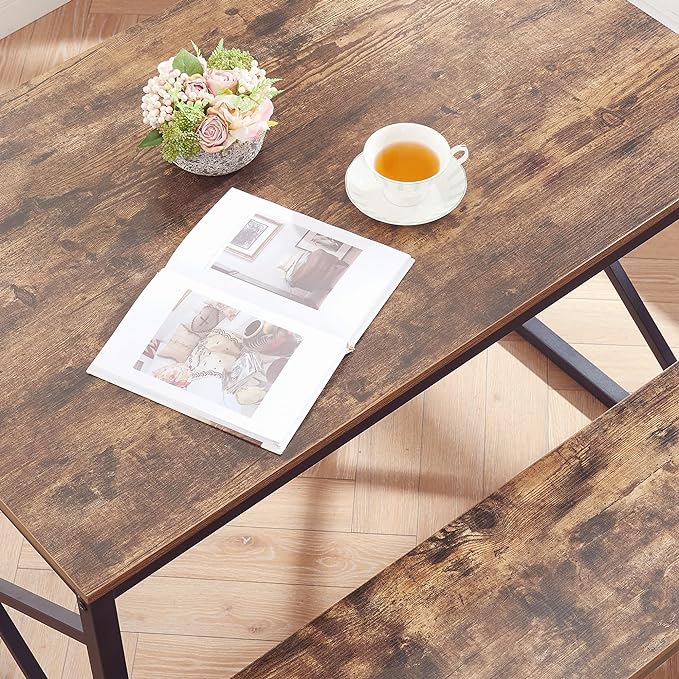 VECELO Kitchen Table with 2 Benches for 4, 43.3'' Wood Dining Room Dinette Sets with X Metal Frame for Breakfast Nook and Small Space, Brown - LeafyLoom