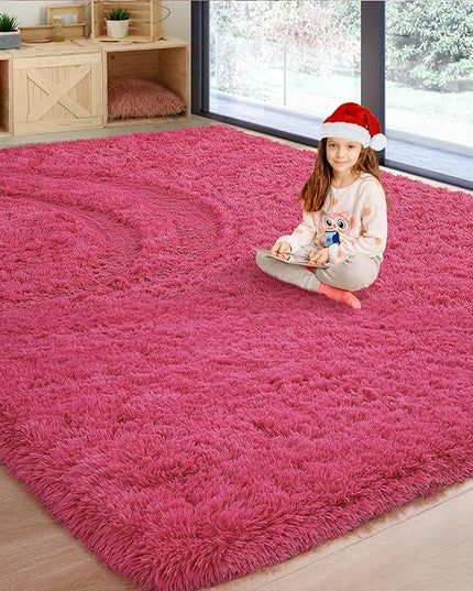 Softlife Rug for Bedroom 4x5.3 Feet Area Rug for Living Room Super Soft Shaggy Rugs for Kids Room Fluffy Fuzzy Carpets Long Plush Bedside Rug Nursery Christmas Home Decoration for Boys Girls, Rose Red - LeafyLoom