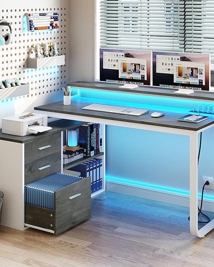 YITAHOME L Shaped Desk with Power Outlets & LED Lights & File Cabinet, 55" Corner Computer Desk with 3 Drawers & 2 Storage Shelves, Home Office Desk with Monitor Stand, White & Grey - LeafyLoom