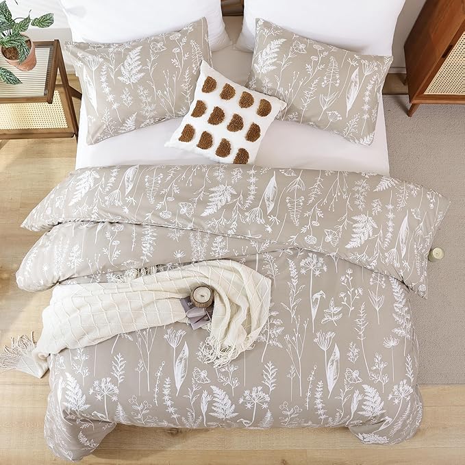 JANZAA Queen Comforter Set Floral Comforter Set 3 PCS Bedding Sets Oatmeal Comforter Set Plant Flowers Printed on Fluffy Comforter Set for All Season - LeafyLoom
