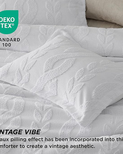 Bedsure King Size Comforter Set White, Boho Tufted Bedding Comforter Set, Farmhouse Jacquard Cable Knit Pattern Bed Set, 3 Pieces, 1 Shabby Chic Fluffy Comforter & 2 Pillow Shams - LeafyLoom